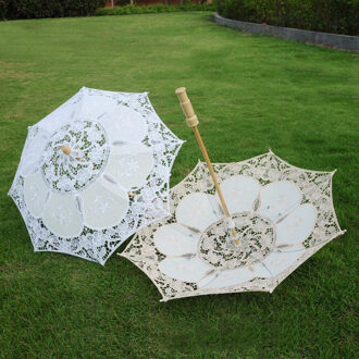 Vintage Kant Paraplu Katoenen Parasol Zon Borduurwerk Bruid Paraplu Voor Bruiloft Decoratie Fotografie Wit Beige Zon-Schaduw