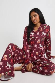 Vintage Kerstprint Langarm Shirt & Broek Pyjama Set, Burgundy - 38