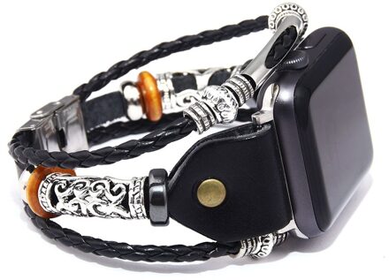 Vintage Multilayer Lederen Rvs Smart Horloge Armband Riem Gesp Viking Charm Armband Dames Sieraden 38mm40mm zwart