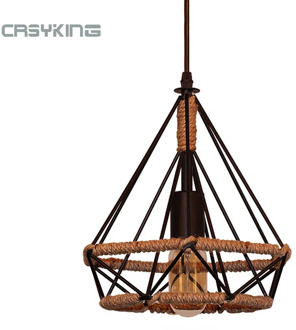 Vintage Pendant light Black Iron Lamp Russia Loft Cage Shape Hemp Rope Light for Dining Bedroom with E27 Edison Lamp Holder