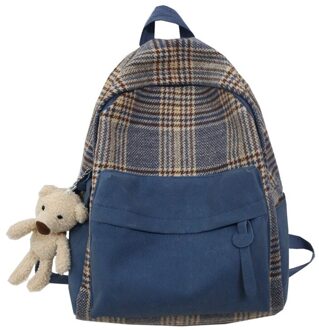 Vintage Plaid Vrouwen Rugzak Mode Schoudertas Vrouwelijke College Boekentas Leuke Student Rugzak Prevalent Meisje Schooltas Blauw / Have a pendant