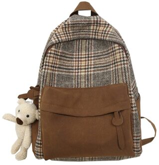 Vintage Plaid Vrouwen Rugzak Mode Schoudertas Vrouwelijke College Boekentas Leuke Student Rugzak Prevalent Meisje Schooltas Bruin / Have a pendant