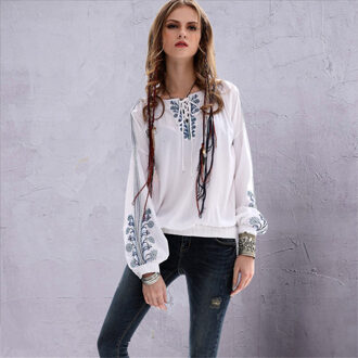 Vintage Prive Tailor Vrouwen Blouse vrouwen Katoen Linnen Etnische Lange Mouw V-hals Losse Blusa Feminina Klassieke Blouse