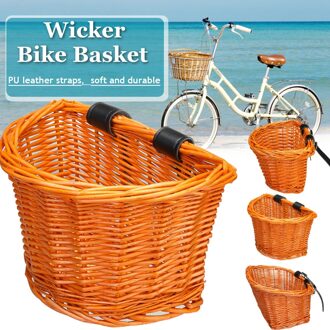 Vintage Rotan Fiets Rieten D-Vormige Bike Front Manden Kids Winkelwagen Vakmanschap Stuur Opslag Winkelen Doos Lederen Bandjes D vorm L