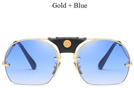 Vintage Snijden Semi-Randloze Zonnebril Vrouwen Mannen Lederen Metalen Frame Shades Goggles Zonnebril Mannelijke Retro Gafas goud blauw