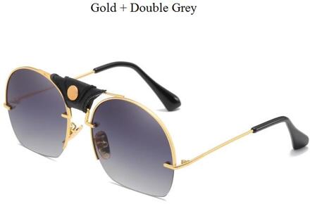 Vintage Snijden Semi-Randloze Zonnebril Vrouwen Mannen Lederen Metalen Frame Shades Goggles Zonnebril Mannelijke Retro Gafas goud dubbele grijs