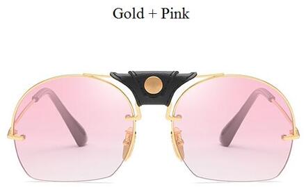 Vintage Snijden Semi-Randloze Zonnebril Vrouwen Mannen Lederen Metalen Frame Shades Goggles Zonnebril Mannelijke Retro Gafas goud roze