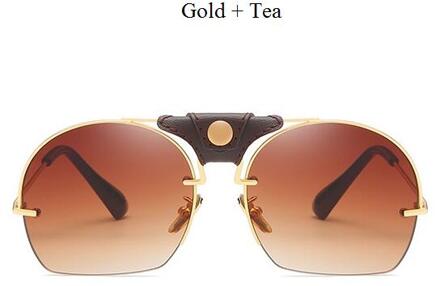 Vintage Snijden Semi-Randloze Zonnebril Vrouwen Mannen Lederen Metalen Frame Shades Goggles Zonnebril Mannelijke Retro Gafas goud thee