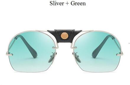 Vintage Snijden Semi-Randloze Zonnebril Vrouwen Mannen Lederen Metalen Frame Shades Goggles Zonnebril Mannelijke Retro Gafas Sliver groen