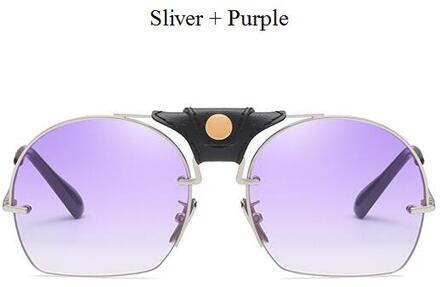 Vintage Snijden Semi-Randloze Zonnebril Vrouwen Mannen Lederen Metalen Frame Shades Goggles Zonnebril Mannelijke Retro Gafas Sliver paars