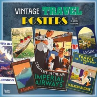 Vintage Travel Posters 2025 12 X 24 Inch Monthly Square Wall Calendar Plastic-Free - Browntrout
