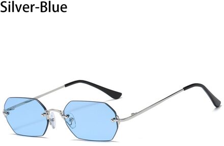 Vintage UV400 Rijden Zonnebril Randloze Rechthoek Zonnebril Voor Vrouwen Kleine Frame Eyewear Zomer zilver-blauw