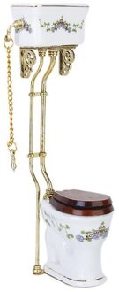 Vintage Victoriaanse Stijl Badkamer Porselein Wc Poppenhuis Miniatuur Wit + Goud