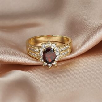 Vintage Vrouwelijke Red Oval Crystal Sieraden Charme Gouden Kleur Trouwringen Voor Vrouwen Dainty Bloem Engagement Valentijnsdag 10