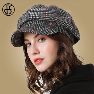 Vintage Vrouwen Baseball Cap Winter Katoenen Hoeden Plaid Voor Vrouwelijke Mode Achthoekige Casual Boina Herfst Lady Warm Caps zwart wit