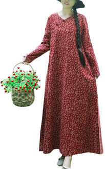 Vintage Vrouwen Lange Jurk Bloemen Blossom Print Swing Lange Mouwen Cheongsam Knop loop Pocket Mandarijn Gewaad Losse Gown Maxi Jurk Bordeauxrood / L