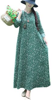 Vintage Vrouwen Lange Jurk Bloemen Blossom Print Swing Lange Mouwen Cheongsam Knop loop Pocket Mandarijn Gewaad Losse Gown Maxi Jurk Groen / XL