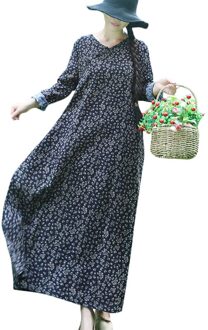 Vintage Vrouwen Lange Jurk Bloemen Blossom Print Swing Lange Mouwen Cheongsam Knop loop Pocket Mandarijn Gewaad Losse Gown Maxi Jurk Marineblauw / L