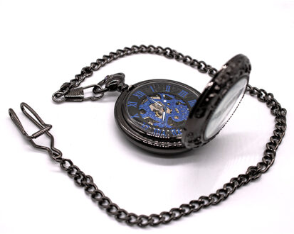 Vintage zwart mechanisch legering skelet half jacht zakhorloge