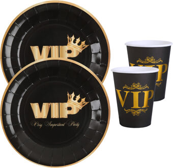 VIP feest wegwerp servies set - 10x bordjes / 10x bekers - zwart/goud - Feestpakketten