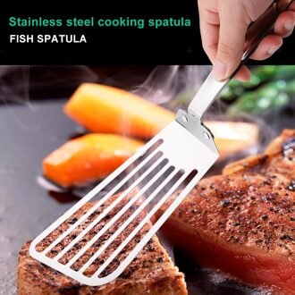 Vis Spatel Rvs Ingelaste Turner Steak Spatel Vis Spatel Multipurpose Houten Handvat Keuken Vis Voor Vlees Bbq Bak