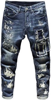Vis Van Borduurwerk Bloemen Jeans Mannen Denim Gebleekte Hole Vintage Geplooide Rechte Mode Wilde Cowboy Broek 29