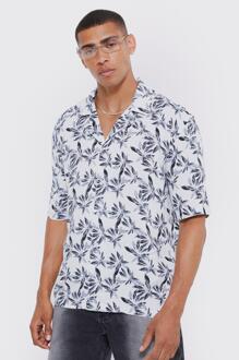 Viscose Geborsteld Palm Print Overhemd Met Korte Mouwen, Black - S