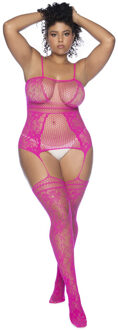 Visnet Bodystocking met Halslijnen en Bandjes - Koning Maat - Roze