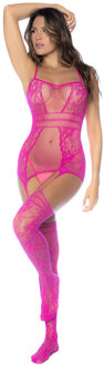 Visnet Bodystocking met Halslijnen en Bandjes - One Size - Roze