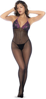 Visnet en Kant Bodystocking Set - Één Maat - Zwart/Paarse
