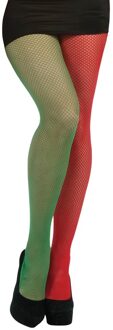 Visnet verkleed panty - rood/groen - kerstelf - voor dames - one size M/L Multi