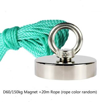 Vissen Magneten Met 10M Touw Optie Magnetische Materiaal 150Kg Sterke N35 Neodymium Permanente Magneet Ronde Dikke Eyebolt D60 en 20m Rope