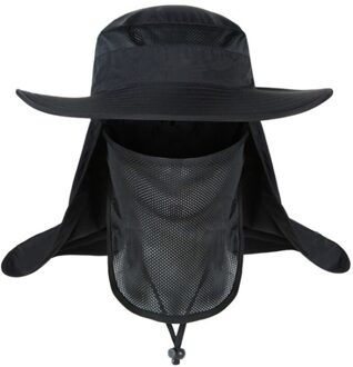 Vissen Wandelen Brede Rand Hoed Outdoor Sport Uv Zon Bescherming Hals Gezicht Flap Cap -zwart