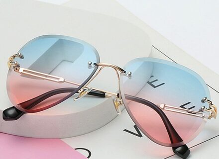 Vissen Zonnebril Vintage Randloze Zonnebril Vrouwen Mannen Retro Snijden Lens Gradiënt Rijden Brillen Voor Vrouwelijke UV400 goud blauw roze