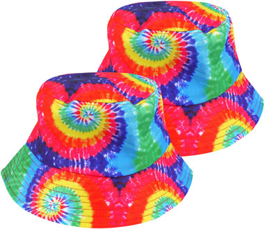 Vissershoedje/zonnehoed - 2x - Tie Dye regenboog - katoen - zonnebescherming voor volwassenen - PRID