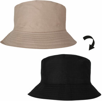 Vissershoedje/zonnehoedje - beige/zwart - one size - volwassenen - bucket hat - 2 zijdig