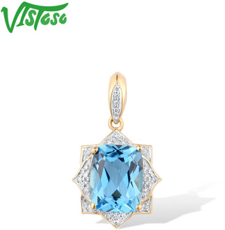 VISTOSO Gold Pendant For Lady Genuine 14K 585 Yellow Gold Radiant Blue Topaz Sparkling Diamond Delicate Anniversary Fine Jewelry