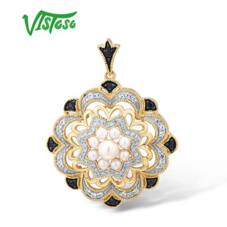 VISTOSO Gold Pendants For Women Genuine 14K 585 Yellow Gold Pendant Fresh Water Pearl Blue Sapphire Unique Elegant Fine Jewelry