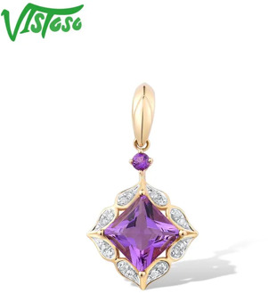VISTOSO Pure 14K Yellow Gold Pendant For Lady limpid Amethyst Shiny Diamond Elegant Wedding Anniversary Party Gifts Fine Jewelry