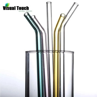 Visual Touch 4PCS Color Glass Straws Eco-friendly Reusable Drinking Tube With Cleaning Brush 2 Stright 2 Curved Mixed Color
