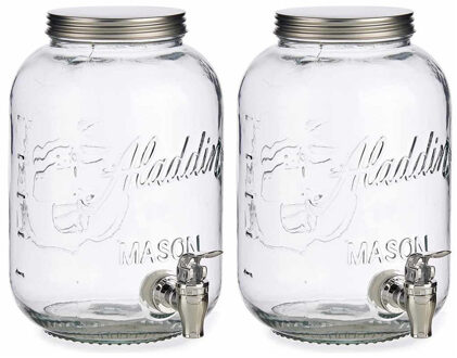 Vivalto 2x stuks glazen drankdispenser/limonadetap met zilver kleur dop/tap 3.8 liter