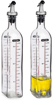 Vivalto Azijn/Olie fles met inhoud meter in ml - 2x - glas - met schenktuit - olijfolieflessen - 500 ml