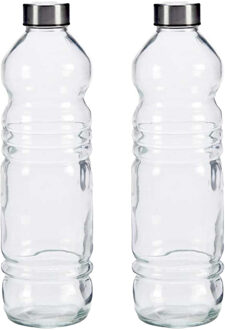 Vivalto Glazen waterfles/drinkfles/sportfles - 2x - helder transparant - met RVS dop - 1100 ml