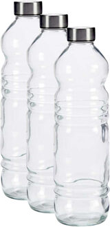 Vivalto Glazen waterfles/drinkfles/sportfles - 3x - helder transparant - met RVS dop - 1100 ml