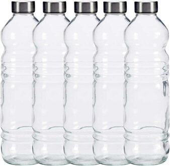 Vivalto Glazen waterfles/drinkfles/sportfles - 5x - helder transparant - met RVS dop - 1100 ml