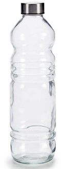 Vivalto Glazen waterfles/drinkfles/sportfles - helder transparant - met RVS dop - 1100 ml