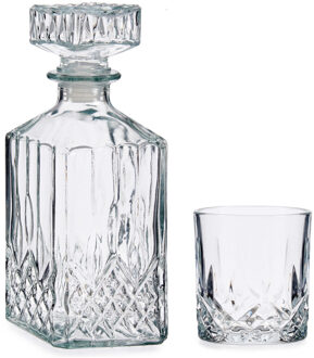 Vivalto Luxe Karaf van gedecoreerd glas met 4x stuks water/whisky glazen set Transparant