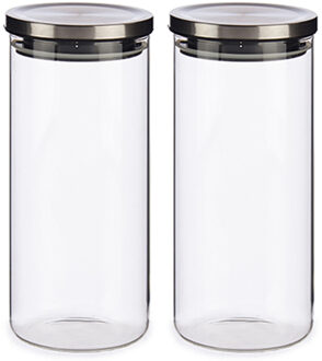 Vivalto Set van 2x stuks glazen luxe keuken voorraadpotten/voorraadbussen met deksel zilver 1380 ml - Voorraadpot Transparant