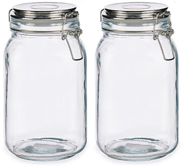 Vivalto Set van 2x stuks glazen luxe keuken voorraadpotten/voorraadbussen met klepdeksel zilver 1500 ml