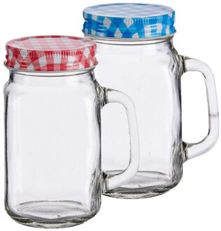 Vivalto Set van 2x stuks glazen Mason Jar drinkbekers/drinkpotjes met gekleurde dop 430 ml Transparant